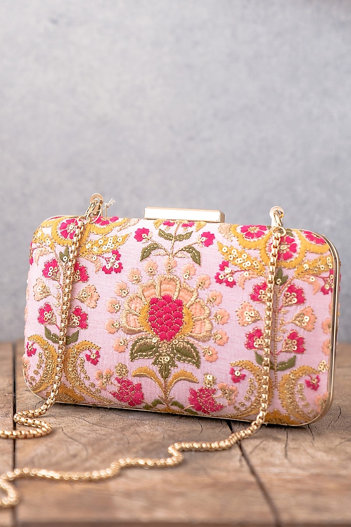 Pink Pure Silk Embroidered Clutch by AMYRA