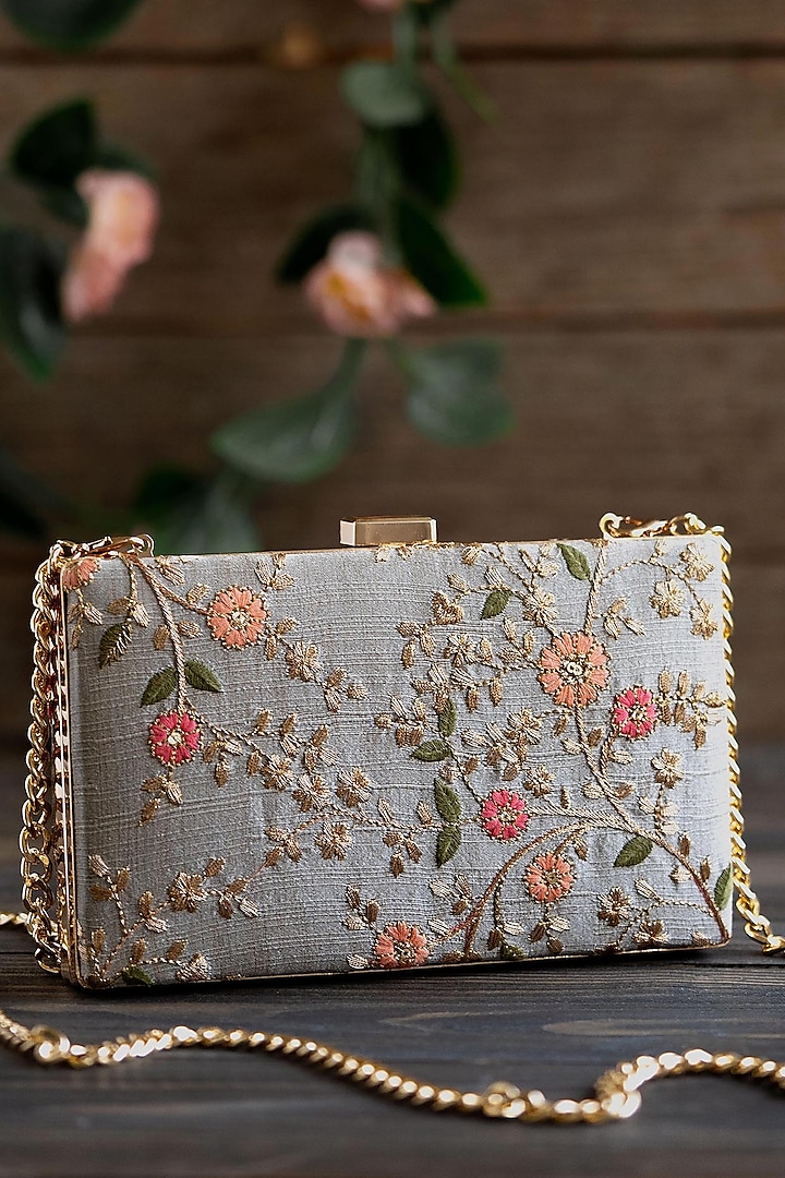 Grey Poly Silk Embroidered Clutch by AMYRA