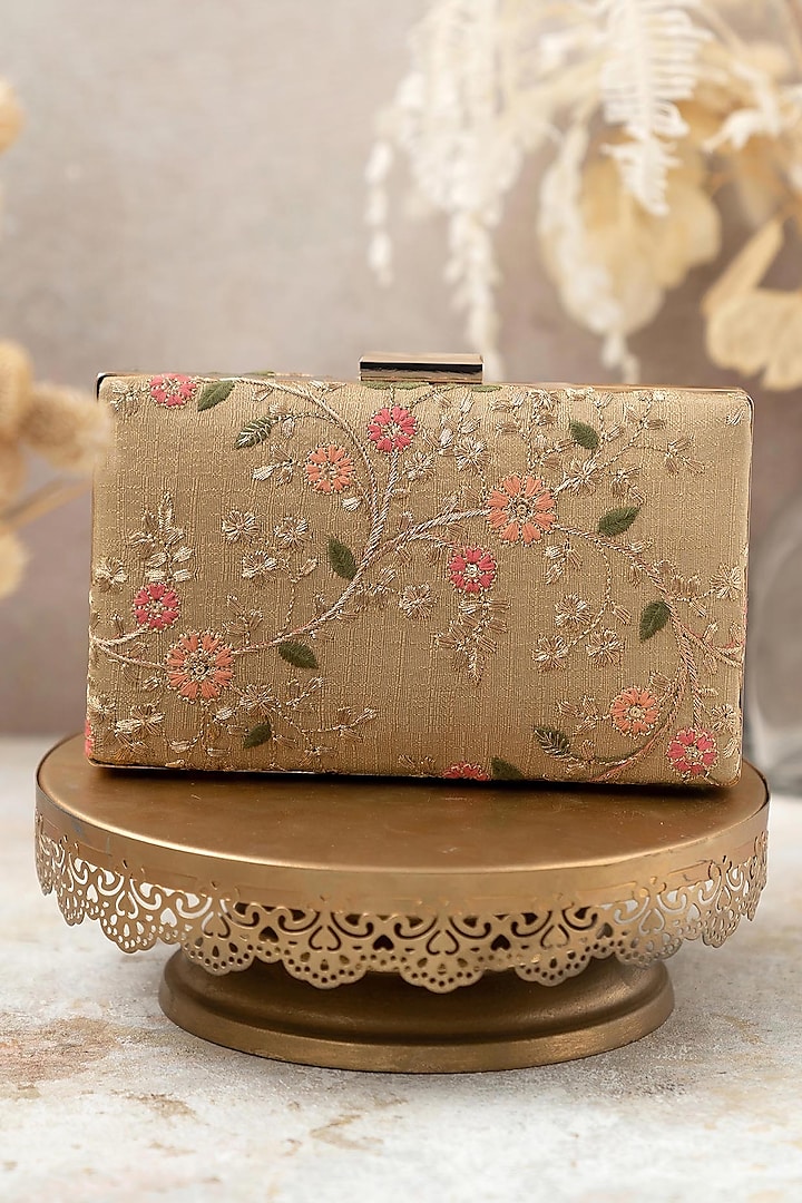 Gold Poly Silk Floral Embroidered Clutch by AMYRA