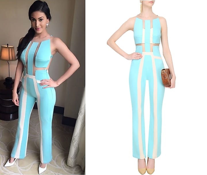 Aqua blue and ivory network panelled jumpsuit available only at Pernia's Pop Up Shop.