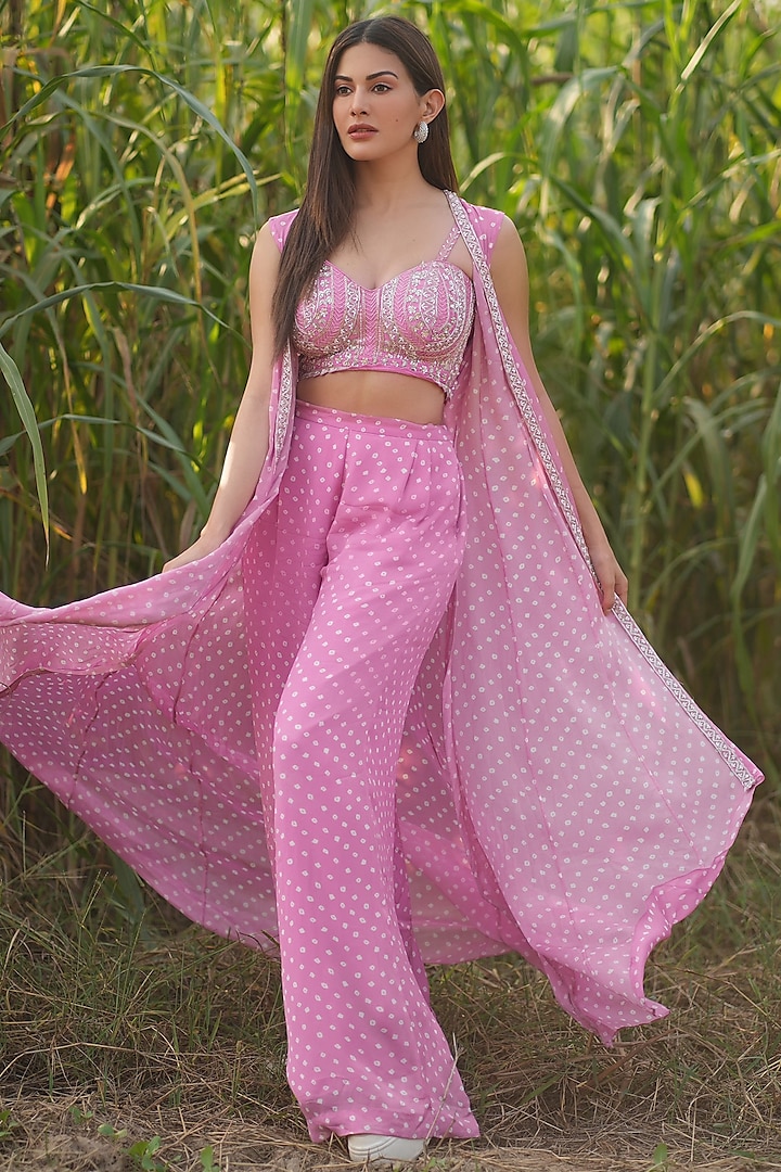 Pink Georgette Hand Embroidered Cape Set by Chamee and Palak