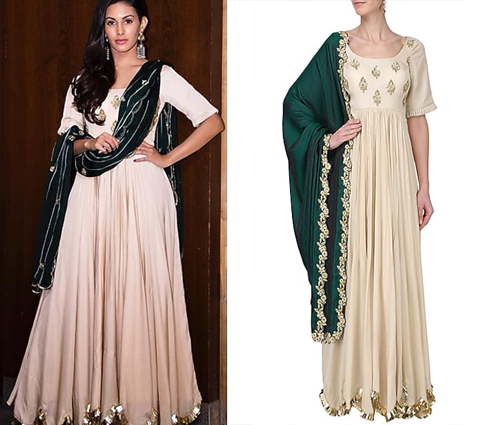 Off White and rama green embroidered Anarkali set available only at Pernia's Pop Up Shop.