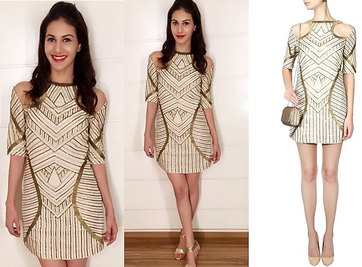 Creme and gold embellished cut out shoulder dress available only at Pernia's Pop Up Shop