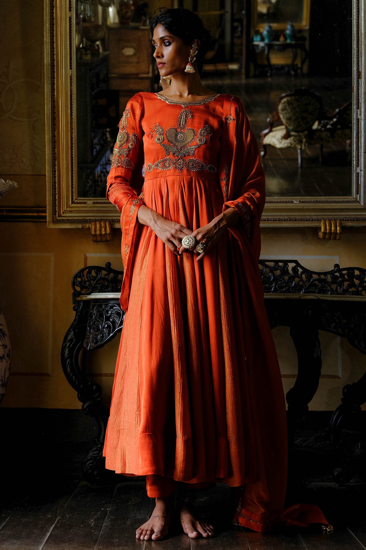 ANANTI Rust Orange Shimmer Modal Satin Zardozi Embroidered Anarkali Set