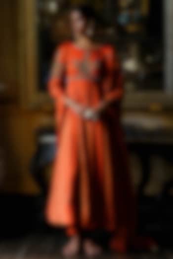 Rust Orange Shimmer Modal Satin Zardozi Embroidered Wedding Anarkali Set by ANANTI at Pernia's Pop Up Shop