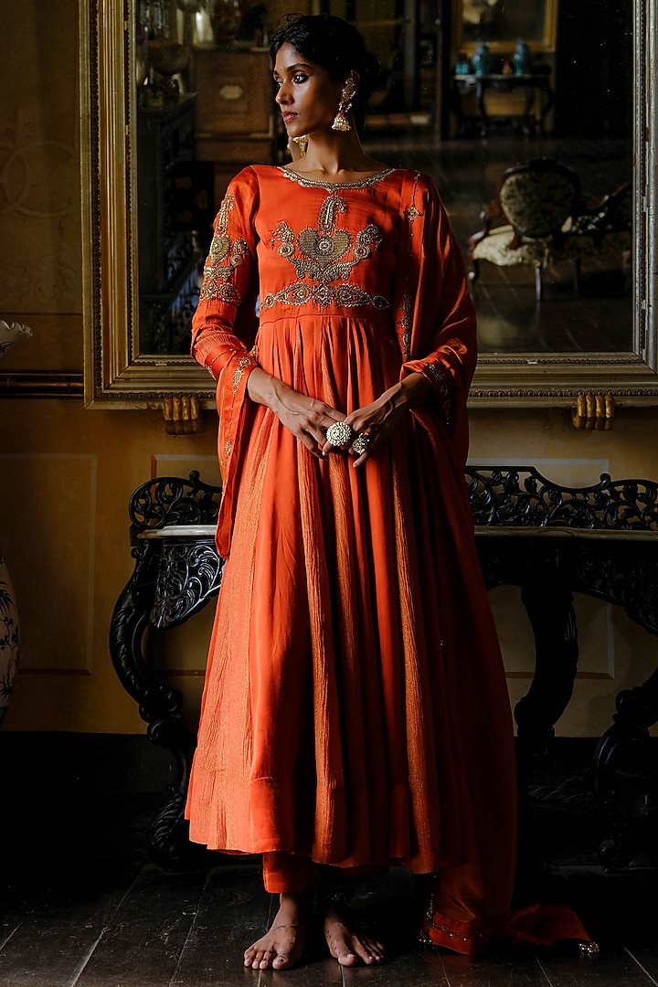 Rust Orange Shimmer Modal Satin Zardozi Embroidered Wedding Anarkali Set by ANANTI at Pernia's Pop Up Shop