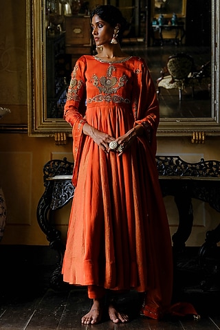 Rust Orange Shimmer Modal Satin Zardozi Embroidered Anarkali Set by ANANTI