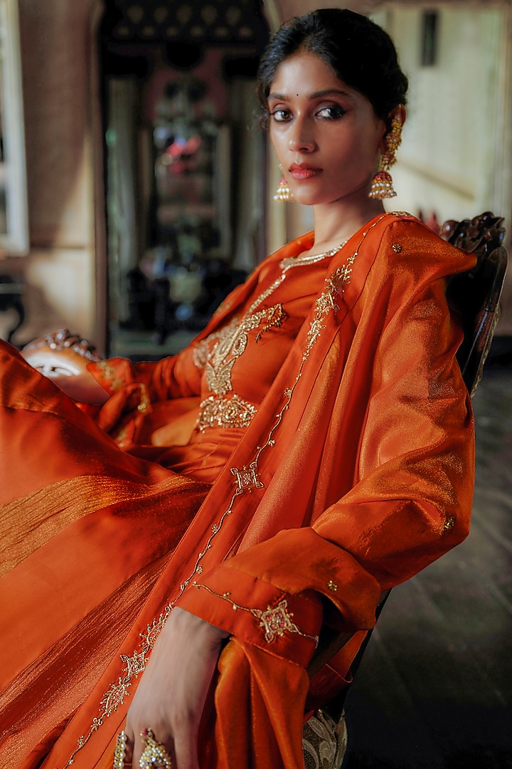 Rust Orange Shimmer Modal Satin Zardozi Embroidered Wedding Anarkali Set by ANANTI at Pernia's Pop Up Shop