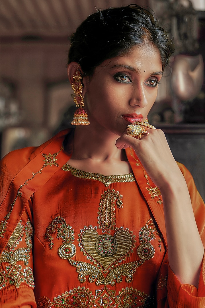 Rust Orange Shimmer Modal Satin Zardozi Embroidered Wedding Anarkali Set by ANANTI at Pernia's Pop Up Shop