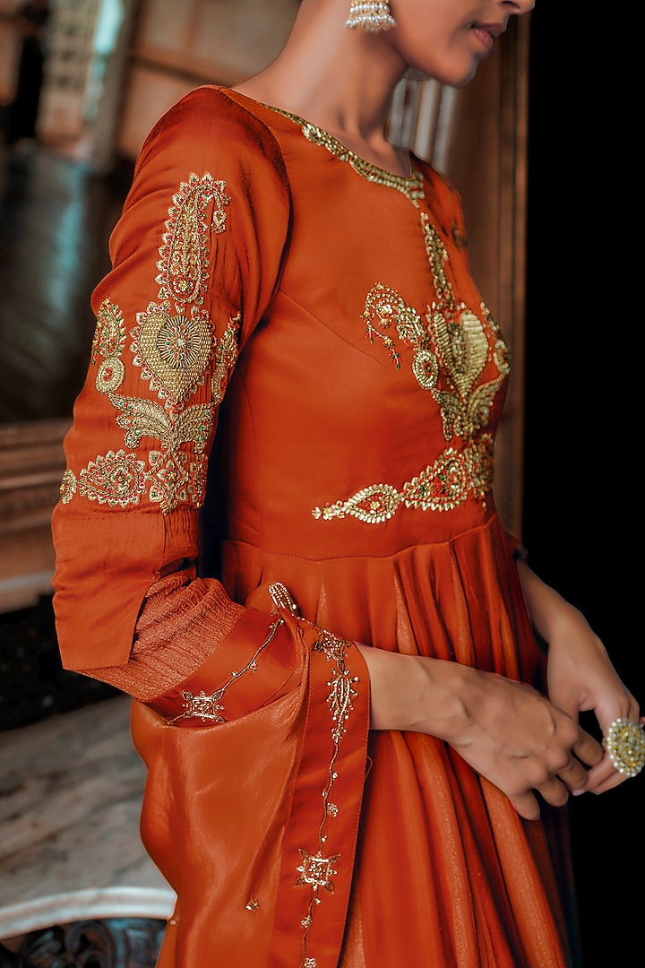 Rust Orange Shimmer Modal Satin Zardozi Embroidered Wedding Anarkali Set by ANANTI at Pernia's Pop Up Shop