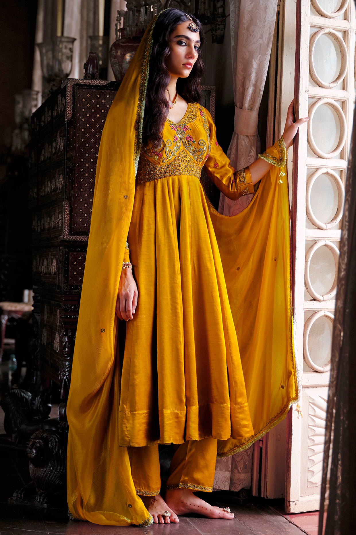 ANANTI Mustard Yellow Slub Satin Kora Nakshi Embroidered Anarkali Set