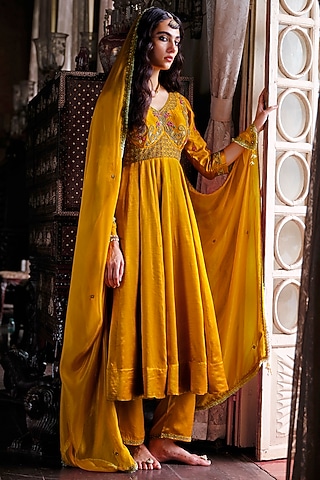 Mustard Yellow Slub Satin Kora Nakshi Embroidered Anarkali Set by ANANTI