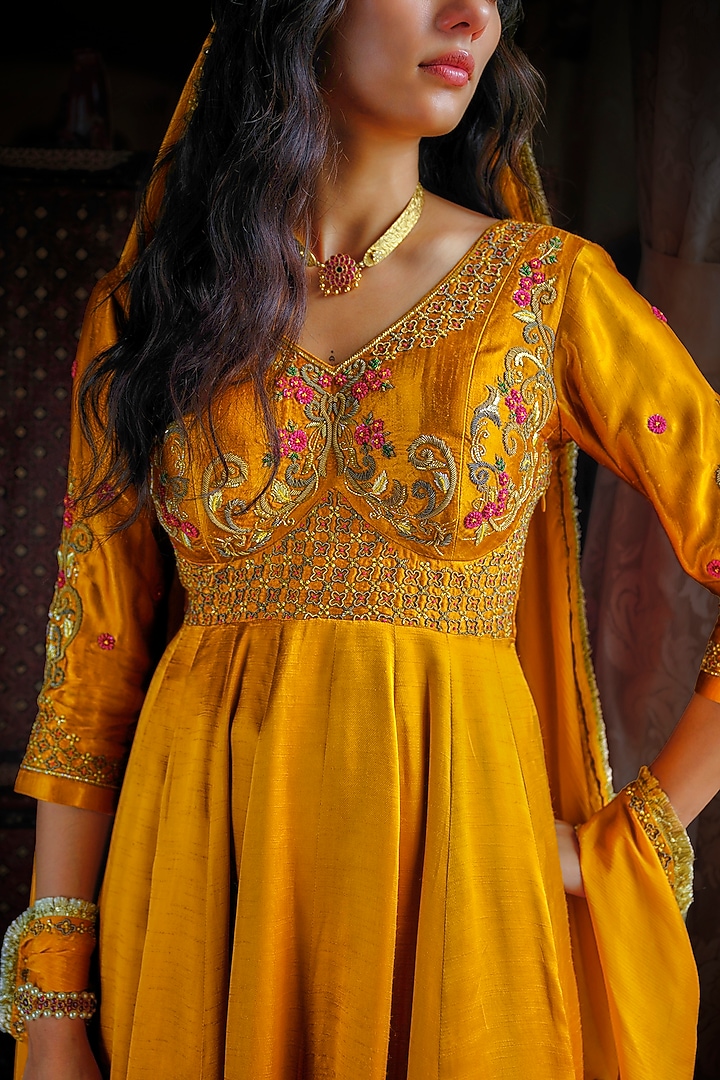Mustard Yellow Slub Satin Kora Nakshi Embroidered Wedding Anarkali Set by ANANTI at Pernia's Pop Up Shop