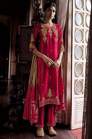 Royal Burgundy Slub Satin Dabka Embroidered Kurta Set by ANANTI
