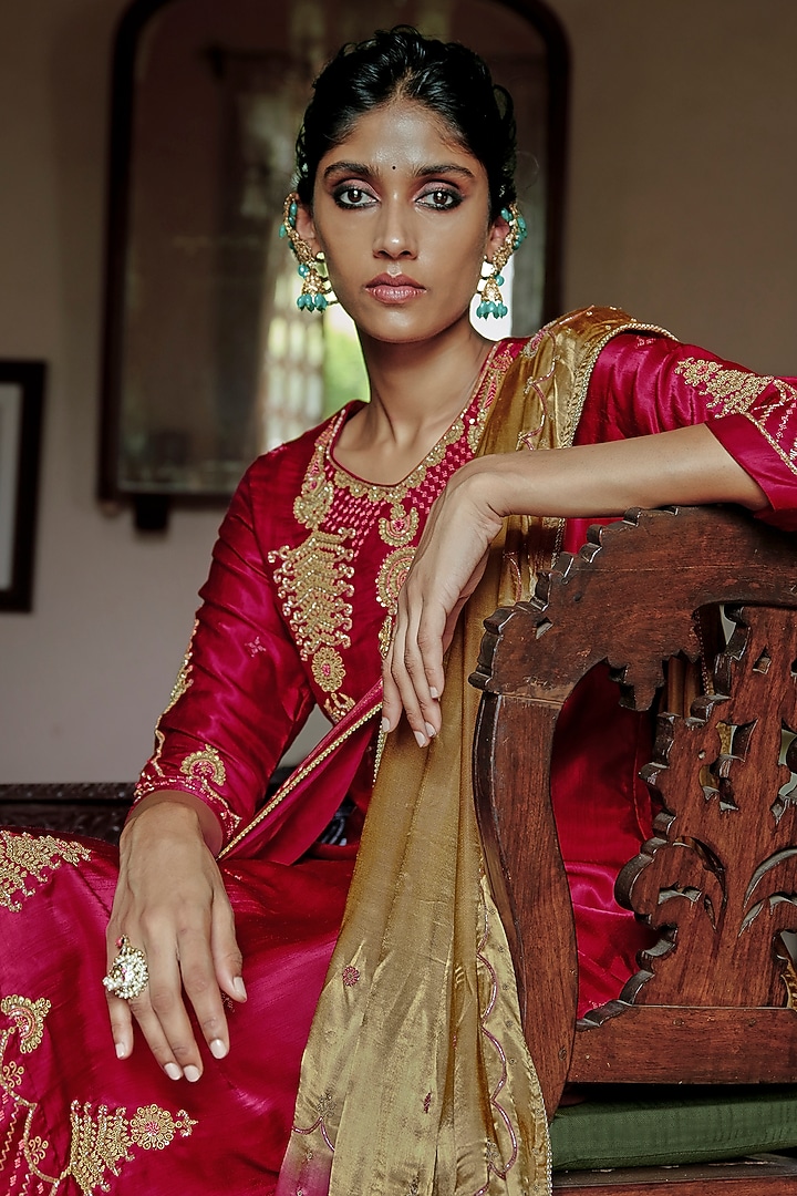Royal Burgundy Slub Satin Dabka Embroidered Kurta Set by ANANTI at Pernia's Pop Up Shop