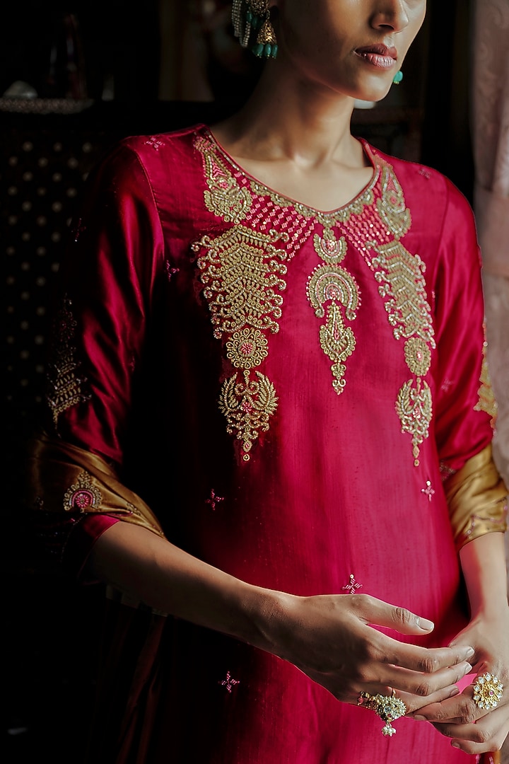 Royal Burgundy Slub Satin Dabka Embroidered Kurta Set by ANANTI at Pernia's Pop Up Shop