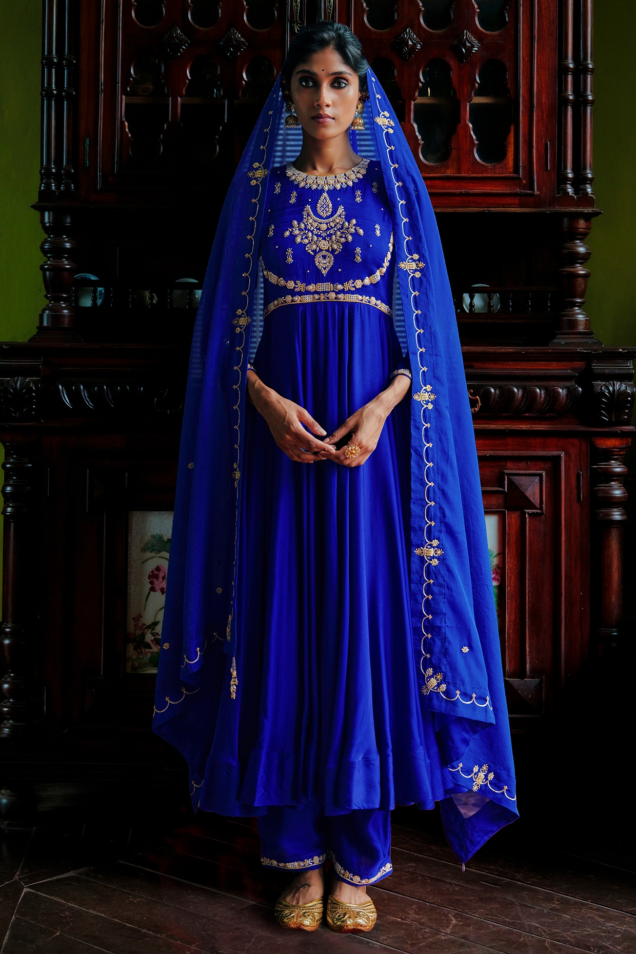 ANANTI Royal Blue Modal Silk Mukaish Embroidered Flared Anarkali Set