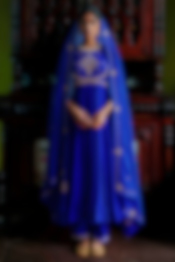 Royal Blue Modal Silk Mukaish Embroidered Flared Wedding Anarkali Set by ANANTI at Pernia's Pop Up Shop