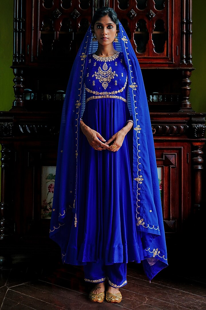 Royal Blue Modal Silk Mukaish Embroidered Flared Wedding Anarkali Set by ANANTI at Pernia's Pop Up Shop