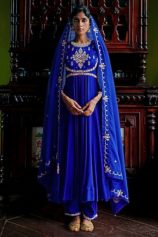Royal Blue Modal Silk Mukaish Embroidered Flared Anarkali Set by ANANTI