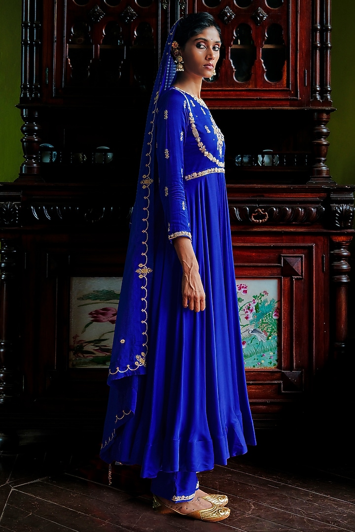 Royal Blue Modal Silk Mukaish Embroidered Flared Wedding Anarkali Set by ANANTI at Pernia's Pop Up Shop