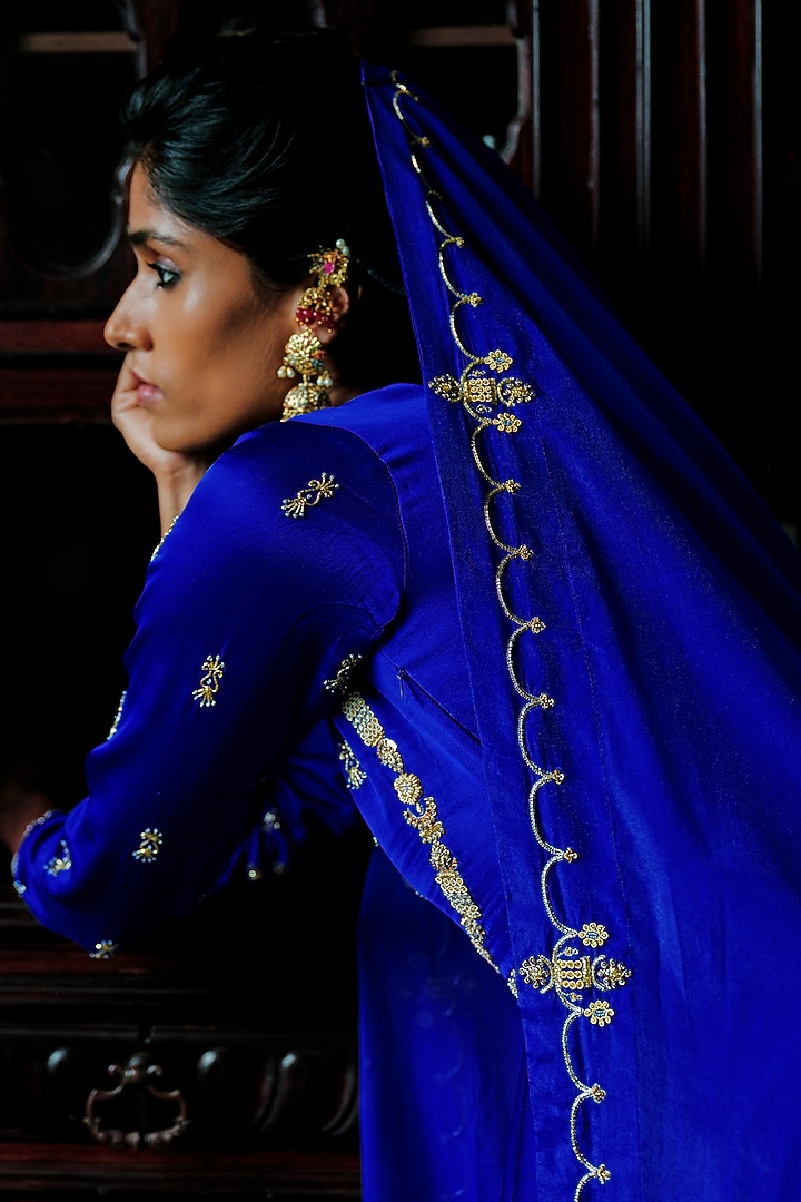 Royal Blue Modal Silk Mukaish Embroidered Flared Wedding Anarkali Set by ANANTI at Pernia's Pop Up Shop