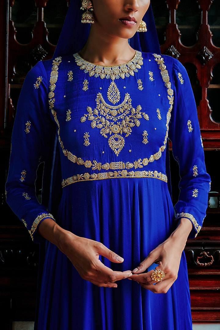 Royal Blue Modal Silk Mukaish Embroidered Flared Wedding Anarkali Set by ANANTI at Pernia's Pop Up Shop