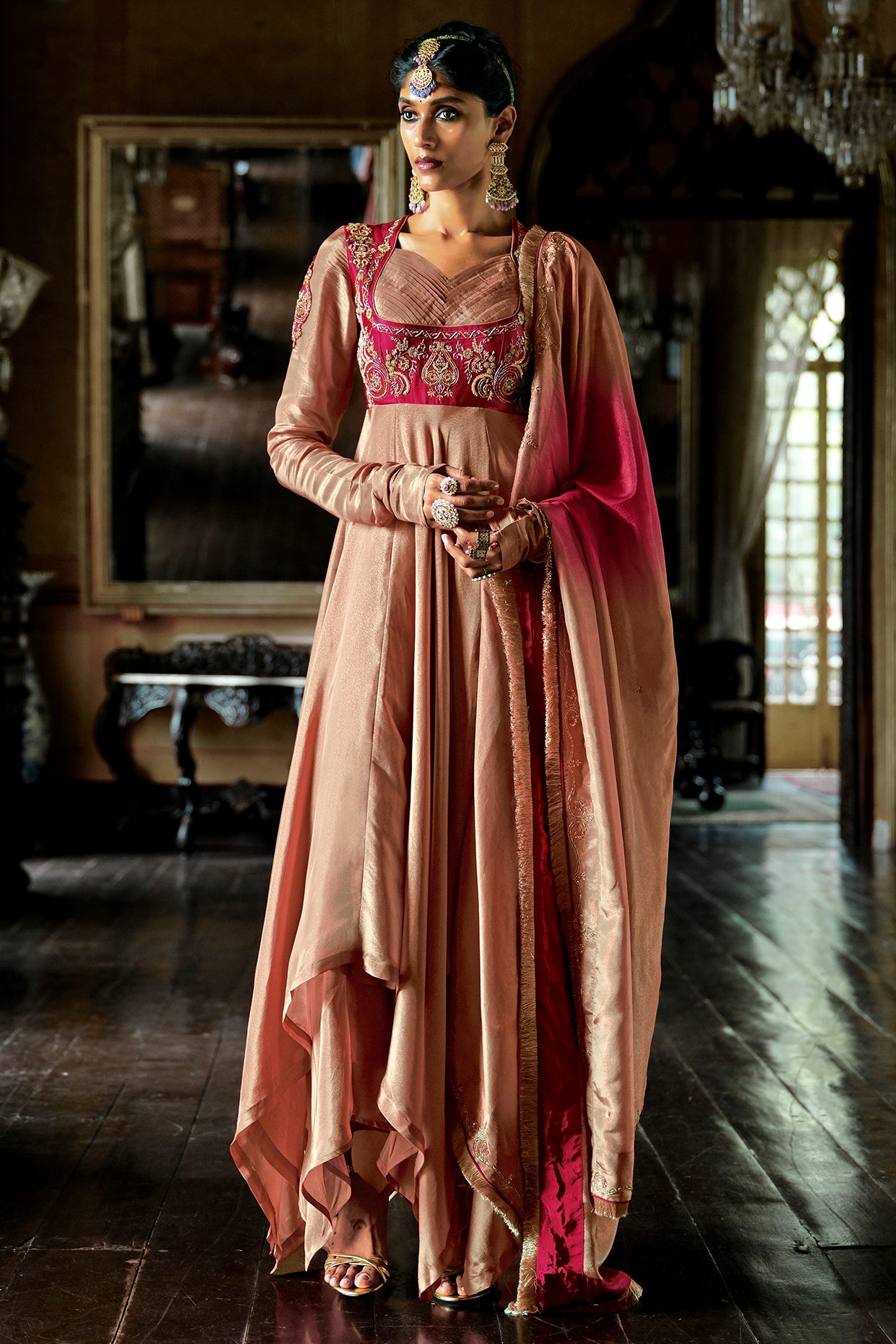 ANANTI Mocha Mousse & Burgundy Tissue Shimmer Embroidered Anarkali Set