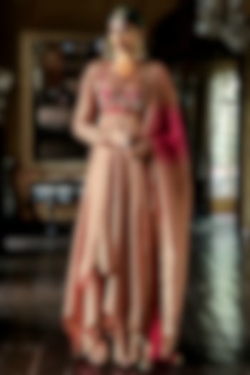 Mocha Mousse & Burgundy Tissue Shimmer Embroidered  Wedding Anarkali Set by ANANTI at Pernia's Pop Up Shop