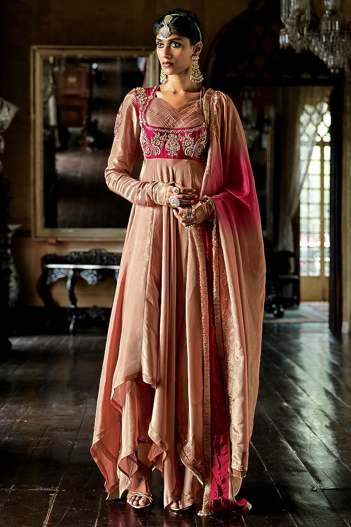 Mocha Mousse & Burgundy Tissue Shimmer Embroidered  Wedding Anarkali Set by ANANTI at Pernia's Pop Up Shop
