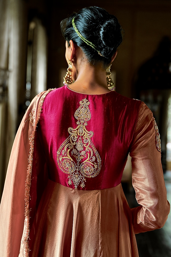Mocha Mousse & Burgundy Tissue Shimmer Embroidered Wedding Anarkali Set by ANANTI at Pernia's Pop Up Shop