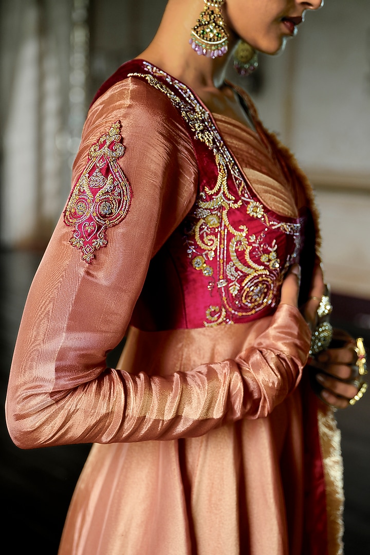 Mocha Mousse & Burgundy Tissue Shimmer Embroidered Wedding Anarkali Set by ANANTI at Pernia's Pop Up Shop