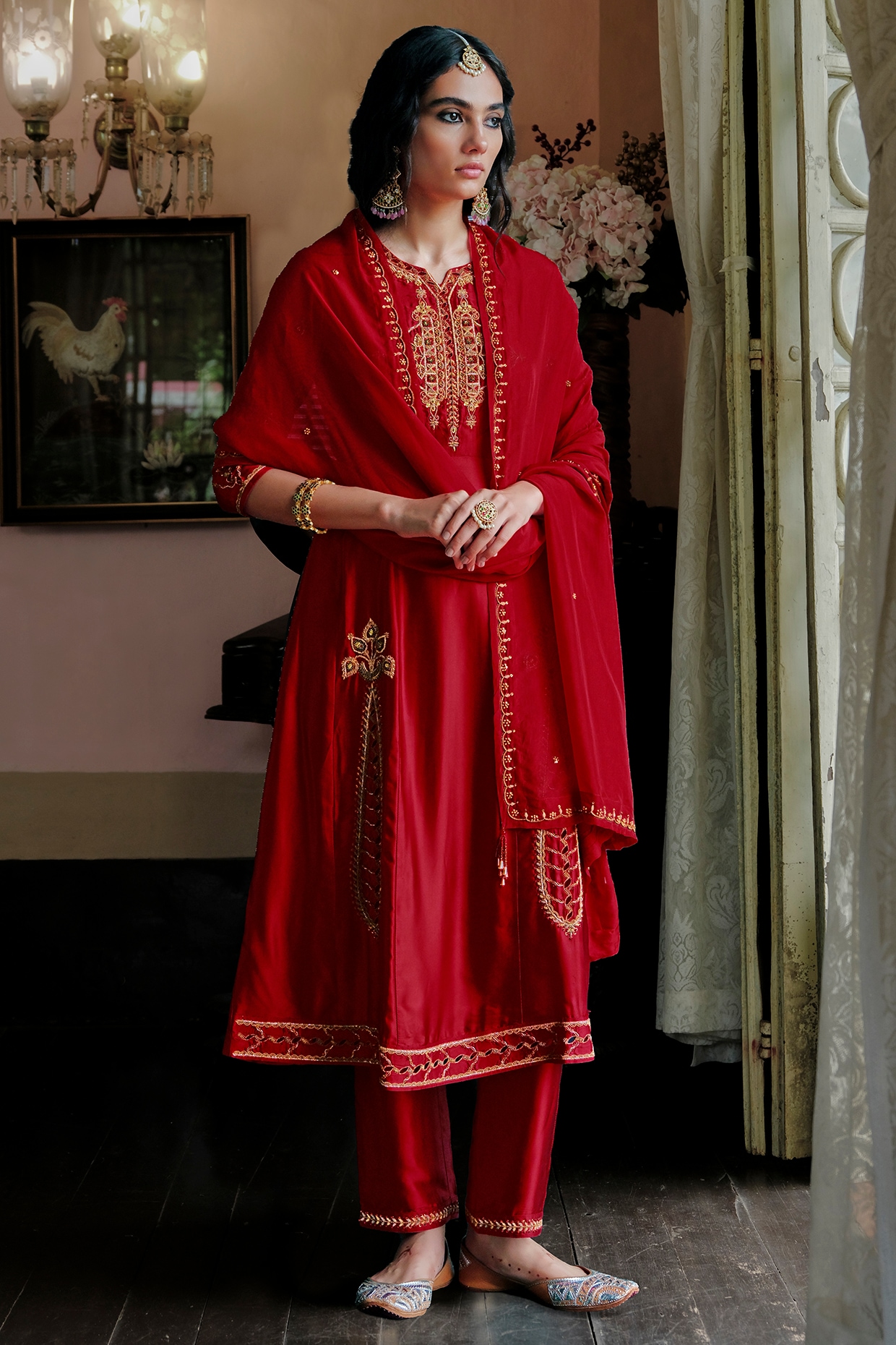 ANANTI Maroon Bamberg Satin Cutwork Embroidered A-Line Kurta Set