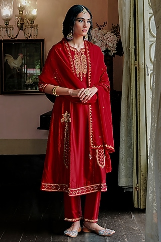 Maroon Bamberg Satin Cutwork Embroidered A-Line Kurta Set by ANANTI