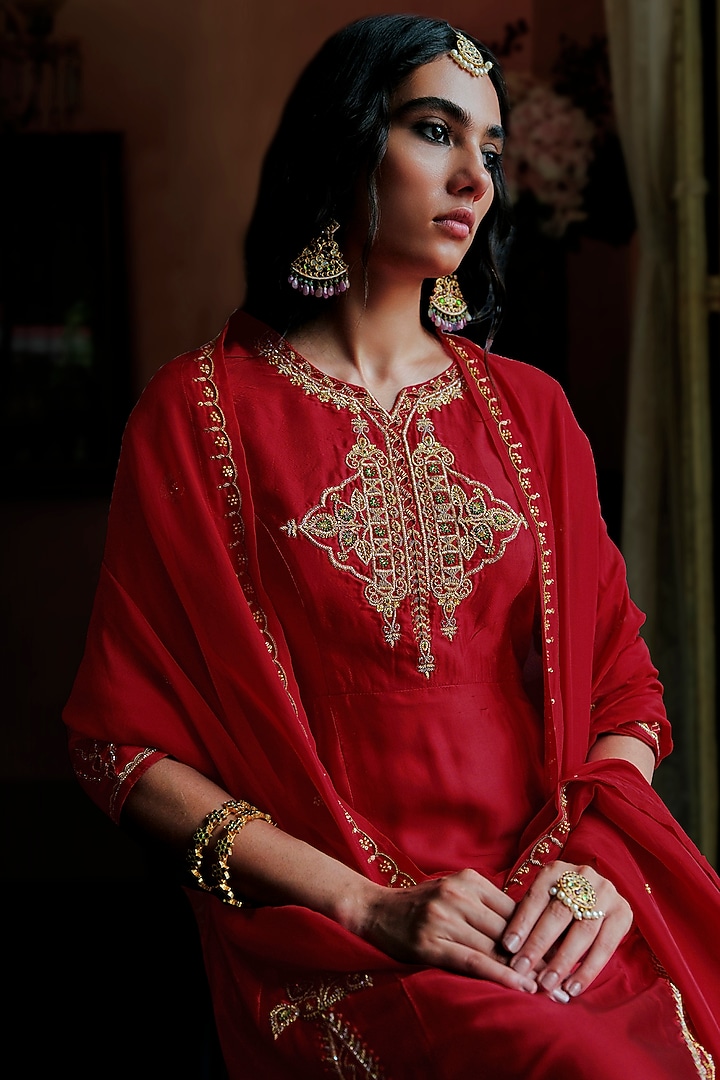 Maroon Bamberg Satin Cutwork Embroidered A-Line Kurta Set by ANANTI at Pernia's Pop Up Shop