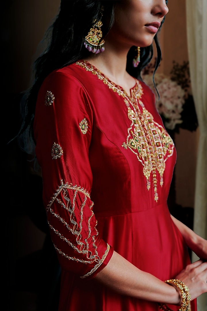 Maroon Bamberg Satin Cutwork Embroidered A-Line Kurta Set by ANANTI at Pernia's Pop Up Shop