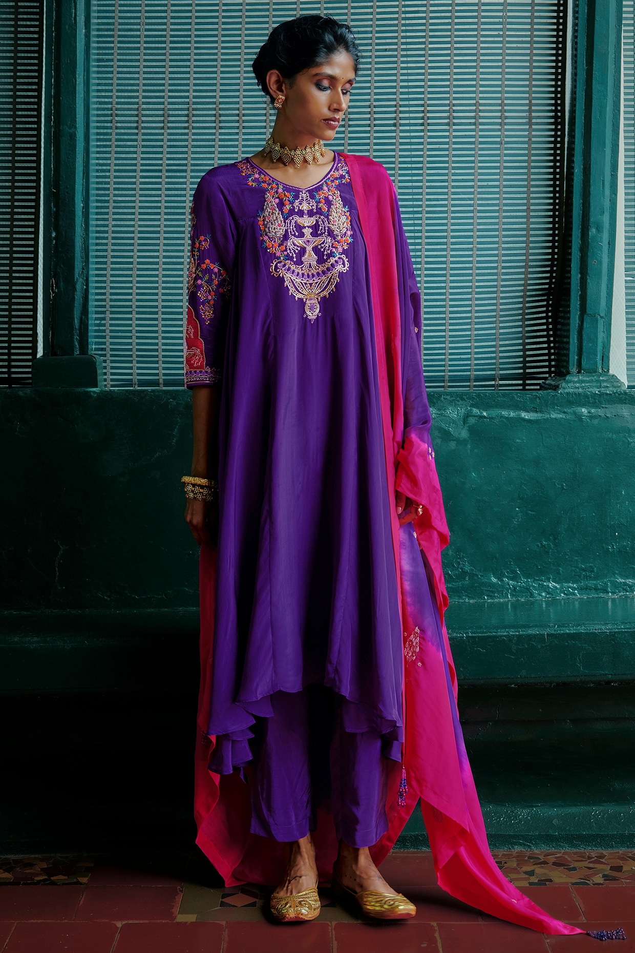 ANANTI Purple & Magenta Pink Natural Crepe Embellished Asymmetrical Kurta Set