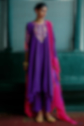 Purple & Magenta Pink Natural Crepe Embellished Asymmetrical Kurta Set by ANANTI at Pernia's Pop Up Shop