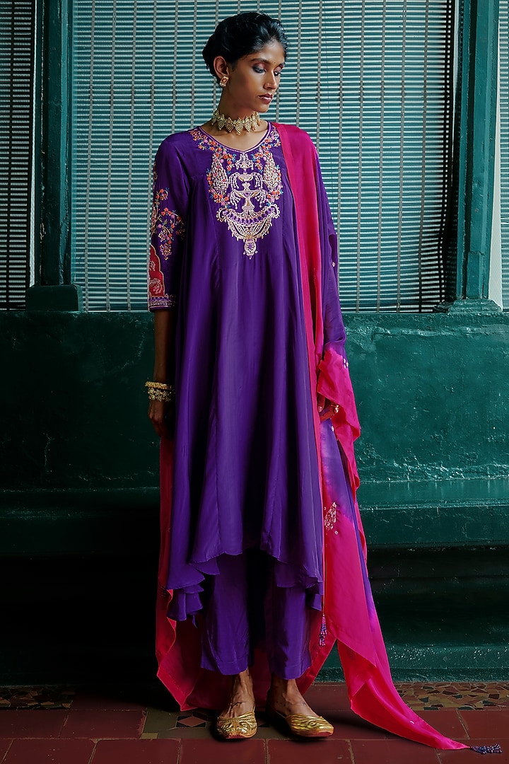 Purple & Magenta Pink Natural Crepe Embellished Asymmetrical Kurta Set by ANANTI at Pernia's Pop Up Shop