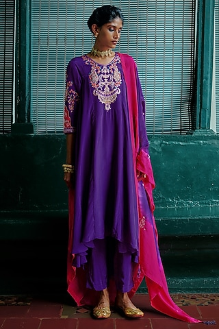 Purple & Magenta Pink Natural Crepe Embellished Asymmetrical Kurta Set by ANANTI