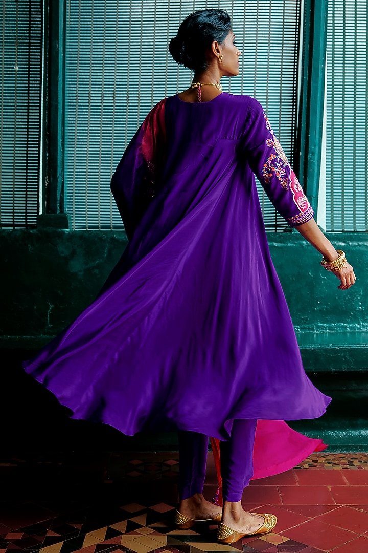 Purple & Magenta Pink Natural Crepe Embellished Asymmetrical Kurta Set by ANANTI at Pernia's Pop Up Shop