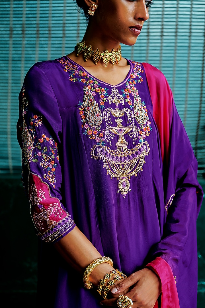 Purple & Magenta Pink Natural Crepe Embellished Asymmetrical Kurta Set by ANANTI at Pernia's Pop Up Shop