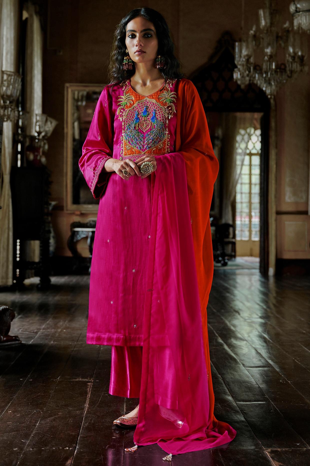 ANANTI Magenta Pink Slub Textured Satin Dabka Embroidered Kurta Set