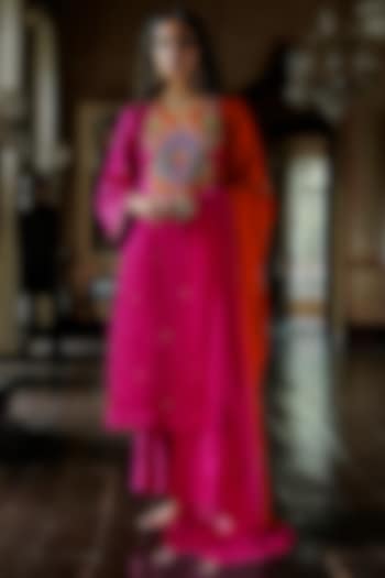 Magenta Pink Slub Textured Satin Dabka Embroidered Kurta Set  by ANANTI at Pernia's Pop Up Shop