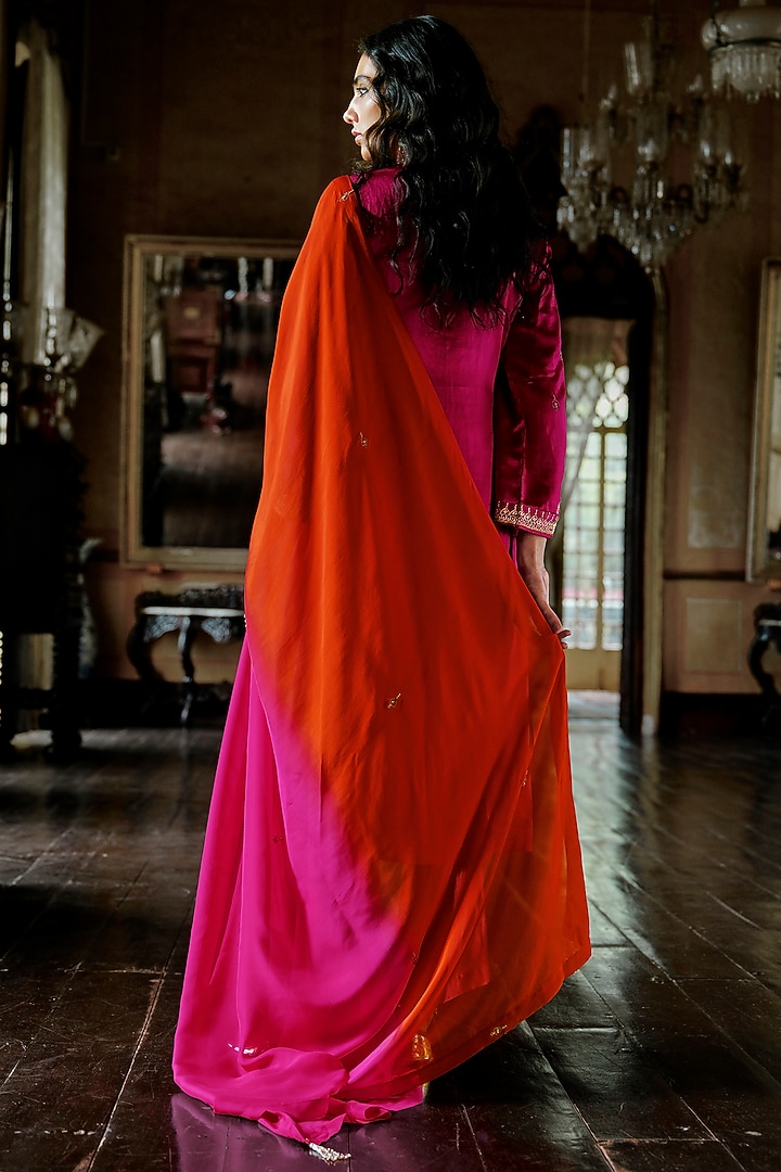 Magenta Pink Slub Textured Satin Dabka Embroidered Kurta Set by ANANTI at Pernia's Pop Up Shop