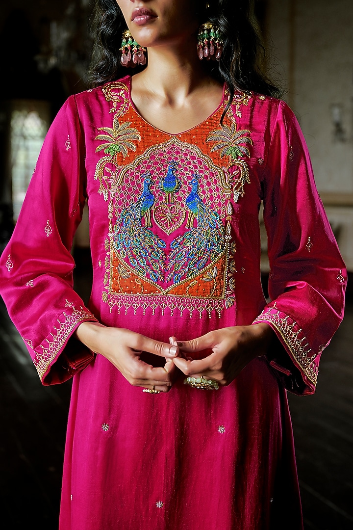 Magenta Pink Slub Textured Satin Dabka Embroidered Kurta Set by ANANTI at Pernia's Pop Up Shop