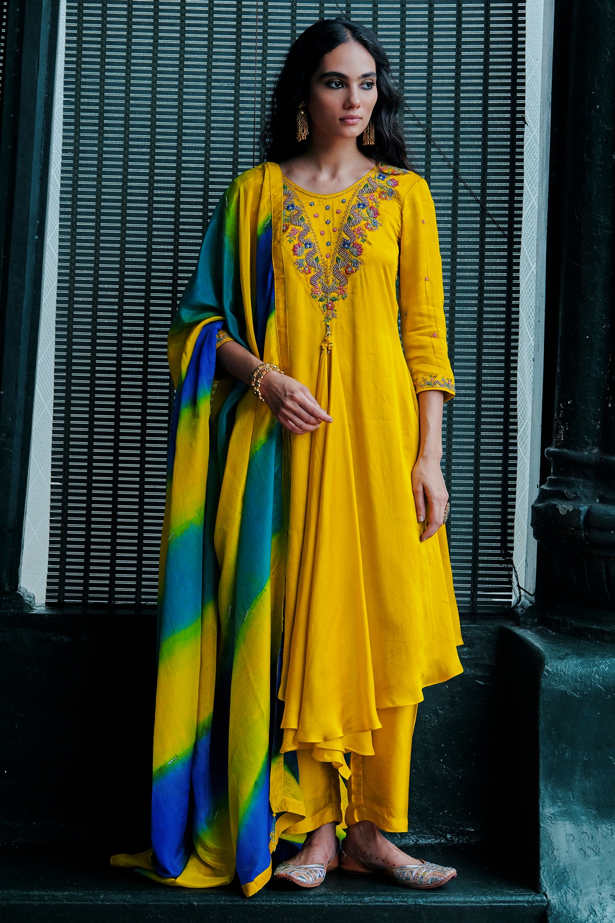 ANANTI Lemon Yellow Bemberg Satin Hand-Embellished Asymmetrical Kurta Set