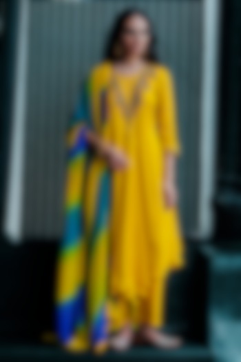 Lemon Yellow Bemberg Satin Hand-Embellished Asymmetrical Kurta Set by ANANTI at Pernia's Pop Up Shop