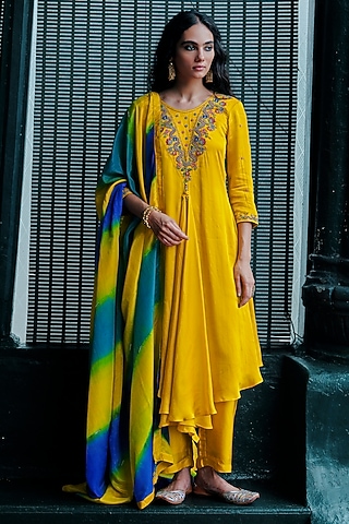 Lemon Yellow Bemberg Satin Hand-Embellished Asymmetrical Kurta Set by ANANTI