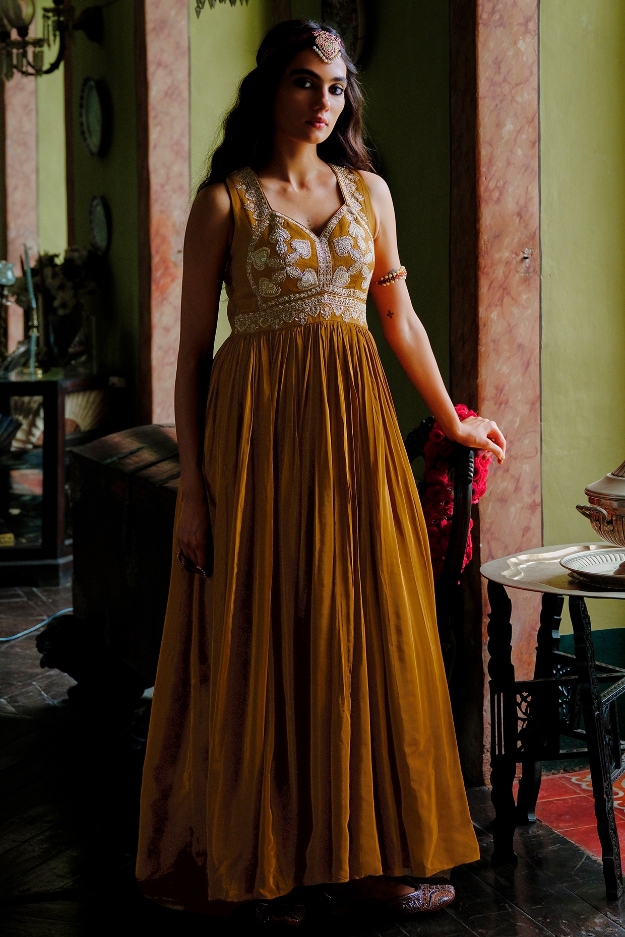 ANANTI Sepia Brown Modal Silk Cutdana Embellished Flared Gown